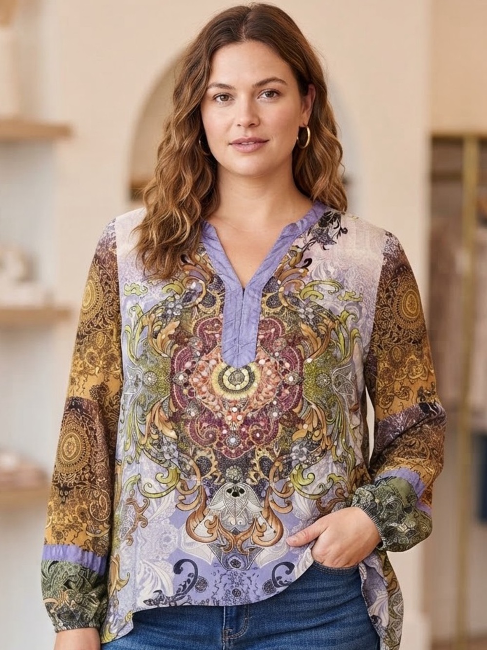 BILA Paisley Medallion Tunic Blouse M 19” p2p Blue Multi NWOT